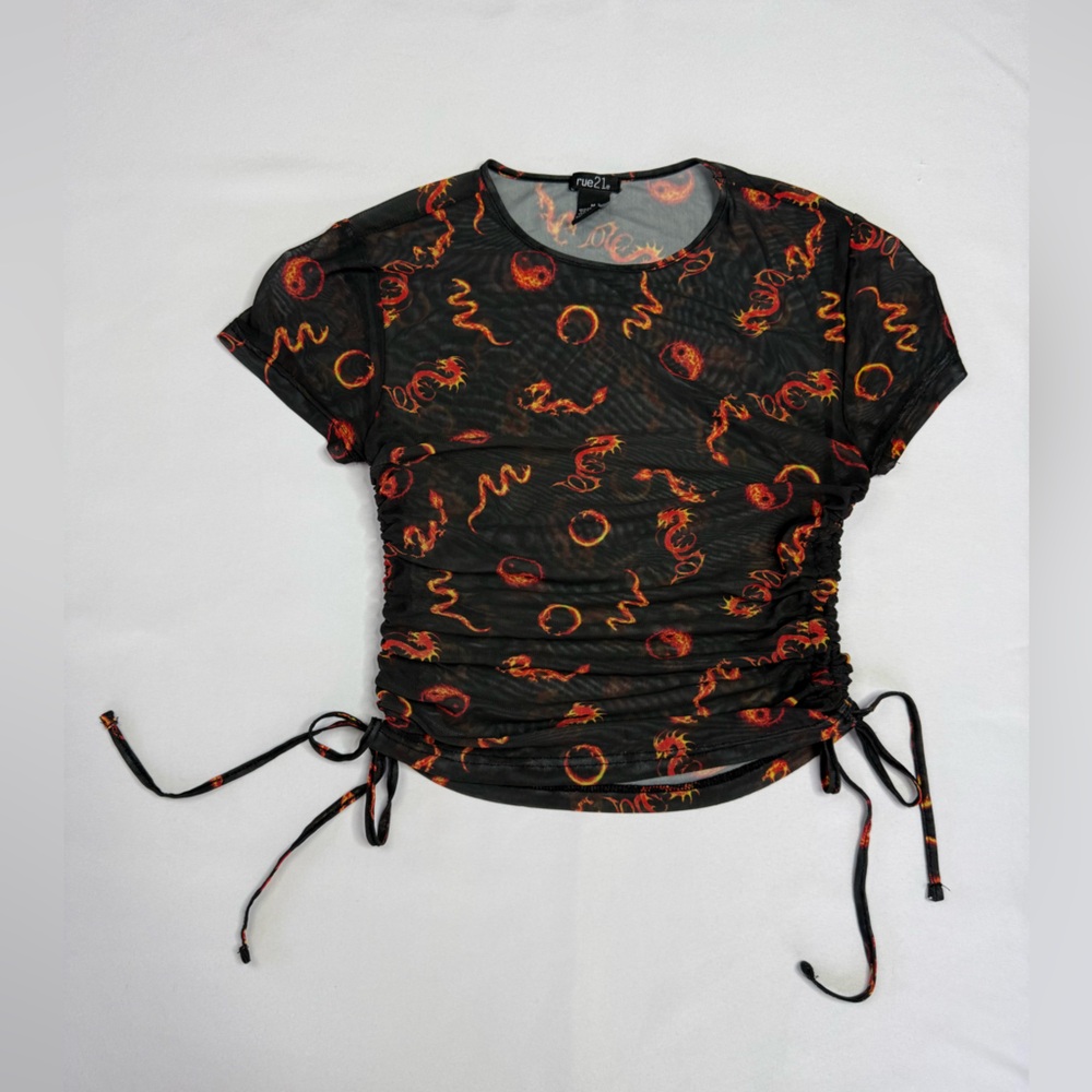 Rue21 Dragon Flame Black & Red Babydoll Cap Sleeve Fairy Goth Grunge Mesh Y2K